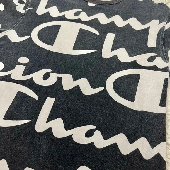 Size L Vintage Champion T-Shirt Vintage 90s All Over Print‎ Black Distressed Y2K - Picture 3 of 15